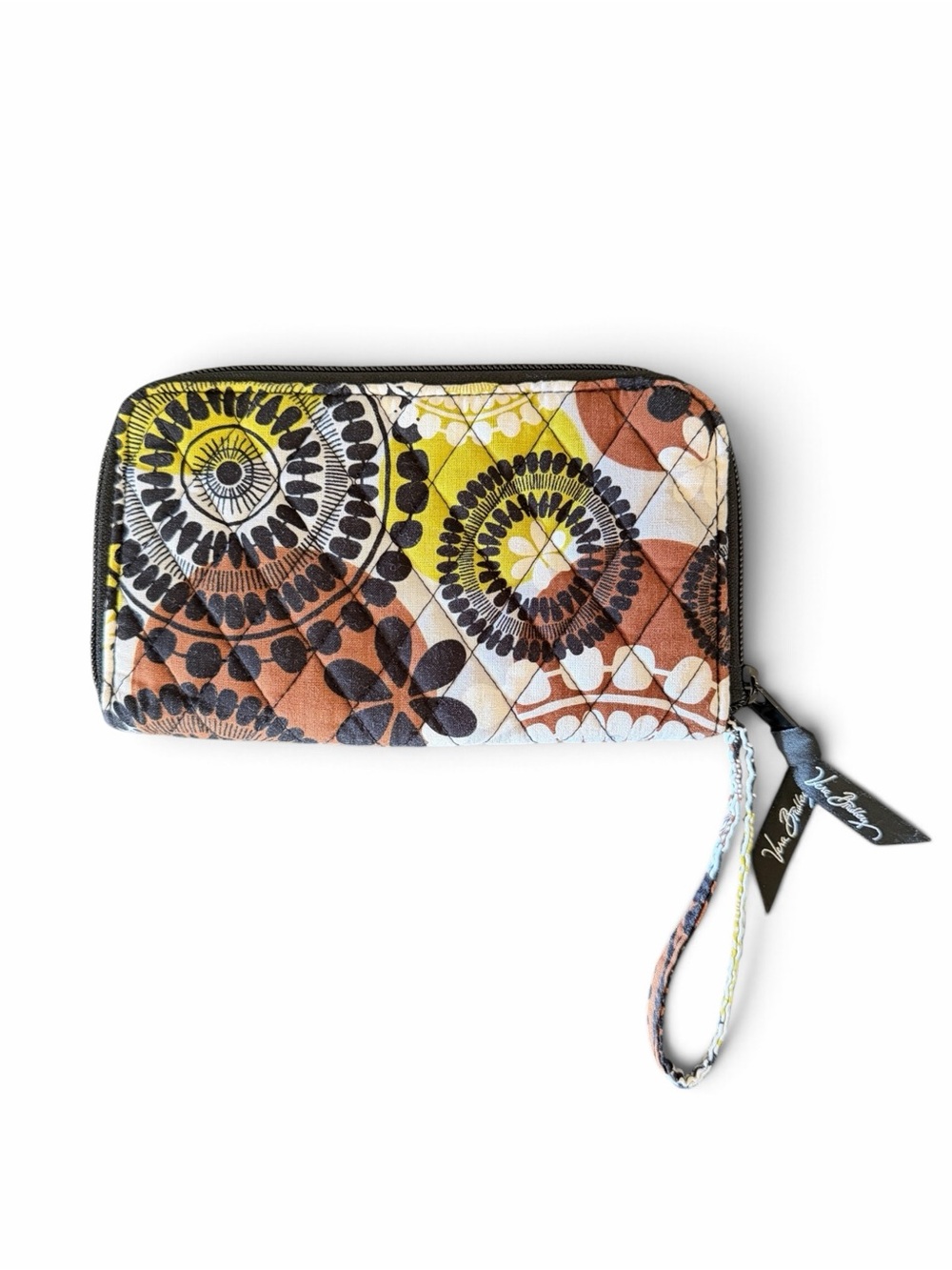 Vera Bradley Yellow Brown Floral Quilted Wristlet 7.5” x 4.5”